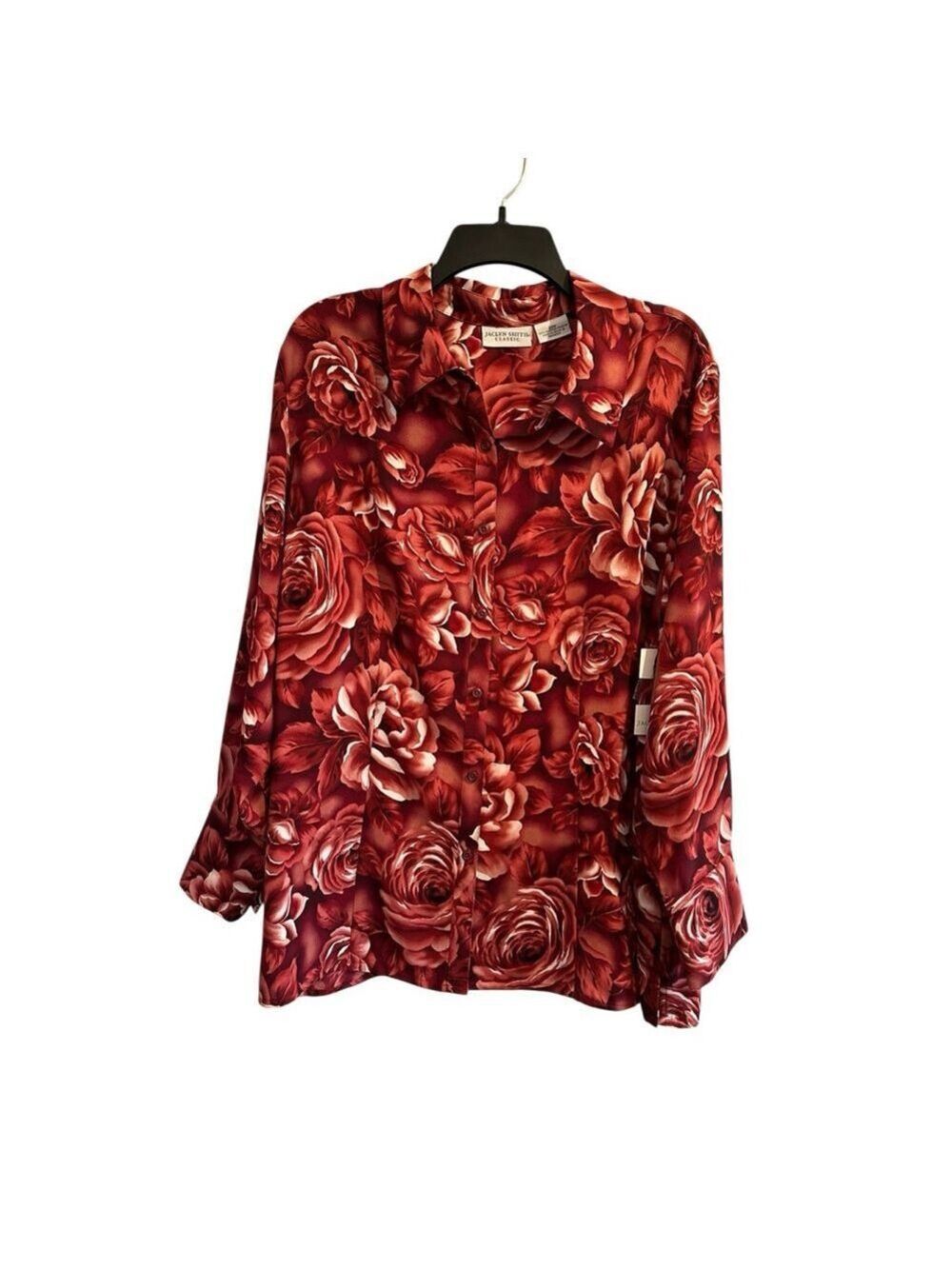 Jaclyn Smith Floral Button-down Blouse Womens Size 20W Red Roses Long Sleeve NWT